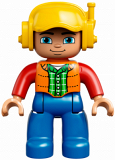 LEGO 47394pb231 Duplo Figure Lego Ville, Male, Blue Legs, Orange Vest, Dark Green Plaid Shirt, Red Arms, Yellow Cap with Headset