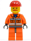 LEGO cty0124 Construction Worker - Orange Zipper, Safety Stripes, Orange Arms, Orange Legs, Dark Bluish Gray Hips, Red Construction Helmet, Brown Moustache