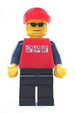 LEGO cty0175 Red Shirt with 3 Silver Logos, Dark Blue Arms, Black Legs, Red Short Bill Cap, Glasses