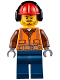 LEGO cty0653 Fire - Orange Zipper, Safety Stripes, Belt, Brown Shirt, Dark Blue Legs, Red Construction Helmet, Headphones, Slight Smile, Stubble