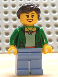 LEGO cty0675 Customer - Green Female Jacket Open with Necklace, Medium Blue Legs, Dark Brown Ponytail and Swept Sideways Fringe