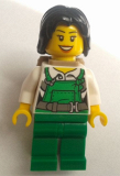 LEGO cty0755 Police - City Bandit Female with Green Overalls, Black Mid-Length Tousled Hair, Backpack, Peach Lips Open Mouth Smile