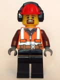 LEGO cty0799 Cargo Center Worker - Orange Zipper, Safety Stripes, Belt, Brown Shirt, Black Legs, Red Construction Helmet, Headphones , Brown Moustache and Goatee