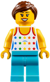 LEGO cty0819 Shirt with Female Rainbow Stars Pattern, Medium Azure Legs, Reddish Brown Ponytail Hair, Black Eyebrows