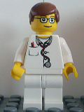 LEGO doc021 Doctor - Lab Coat Stethoscope and Thermometer, White Legs, Reddish Brown Male Hair, Glasses