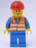LEGO trn231 Orange Vest with Safety Stripes - Blue Legs, Brown Eyebrows and Cheek Lines, Red Construction Helmet