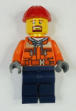 LEGO trn242 Forklift Driver - Chest Pocket Zippers, Belt over Dark Gray Hoodie, Dark Blue Legs, Red Construction Helmet, Brown Beard (60198)