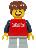LEGO twn205 Red Shirt with 3 Silver Logos, Dark Blue Arms, Light Bluish Gray Short Legs, Reddish Brown Hair (10244)