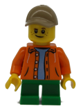 LEGO twn291 Boy, Orange Jacket with Hood over Light Blue Sweater, Green Short Legs, Dark Tan Cap with Hole