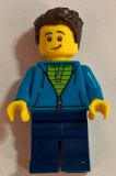 LEGO twn331 Man, Green Striped Shirt under Dark Blue Hoodie, Dark Brown Hair, Dark Blue Legs (31084)