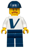 LEGO twn366 Male with Vestas Logo on Torso, Dark Blue Legs, Dark Blue Construction Helmet, Moustache